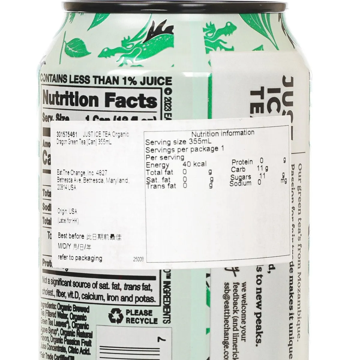 JUST ICE TEA Organic Dragon Green Tea [Can]  (355mL)