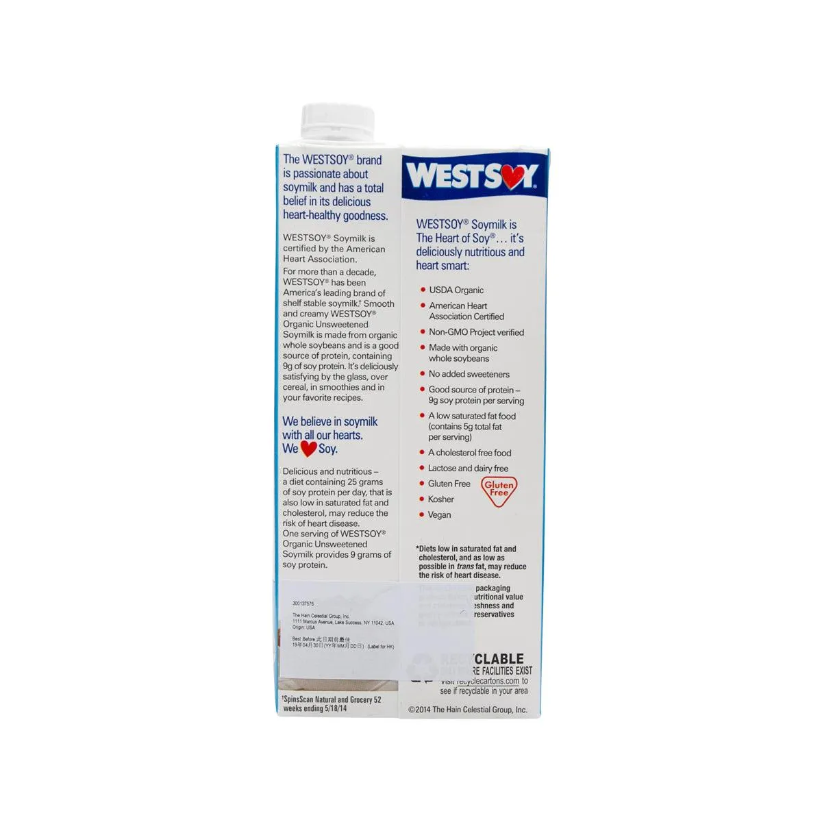 WESTSOY Organic Unsweetened Soymilk  (946mL)